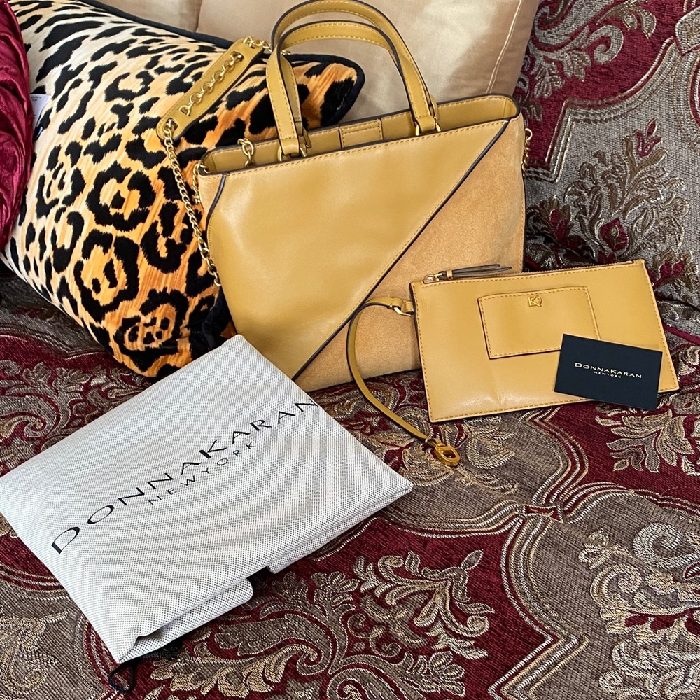 Donna Karan Mustard Yellow Leather Satchel with Matching Clutch